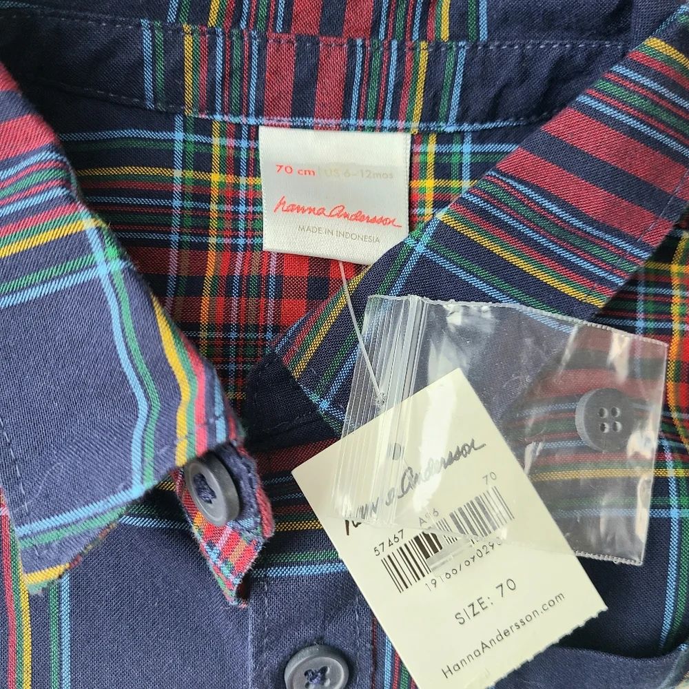NWT Hanna Andersson Blue Red Tartan Plaid Button-Down Shirt